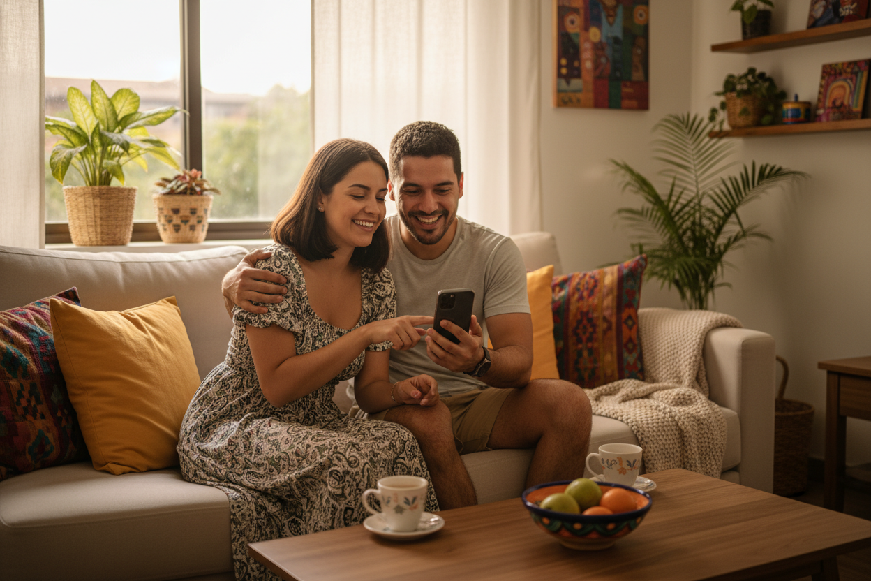 una pareja colombiana realizando compras atreves de una teléfono en la comodidad de su hogar 